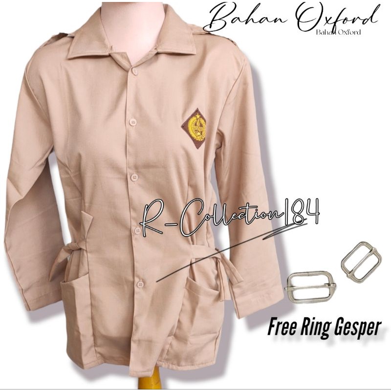 Oxford - Baju Seragam Pramuka Putri Tali Kantong Bawah  Samping Lengan Panjang logo bordir Free Ring Gesper Tali Baju