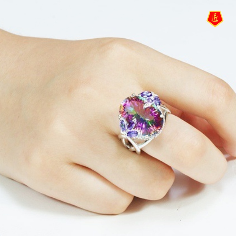 [Ready Stock]Inlaid Colorful Moissanite Ring 925 Silver Fashion Temperament