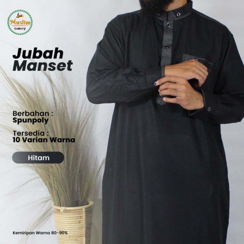 Baju Jubah Gamis Pria Lengan Panjang Model Saudi Bahan Katun Dengan Manset di Lengan-Hitam