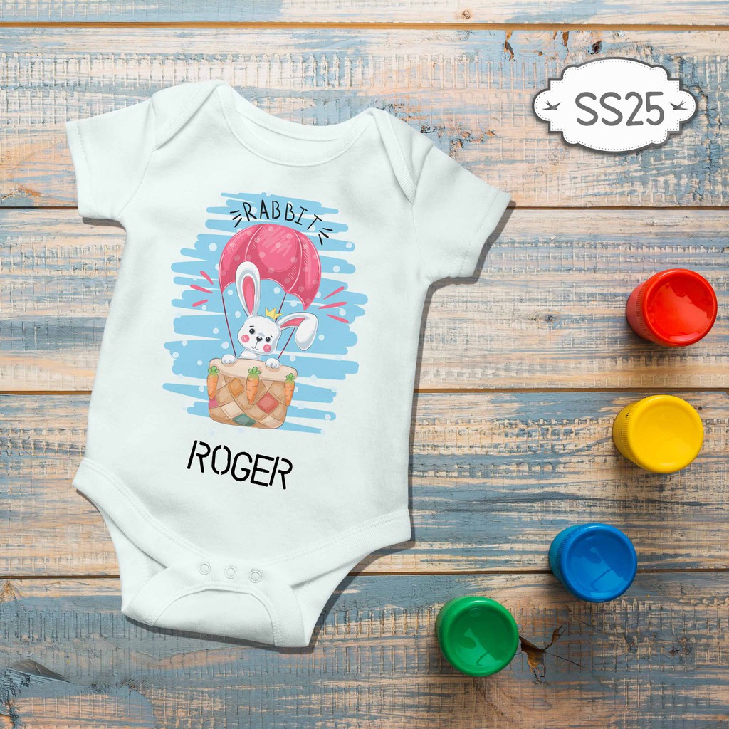 Jumper Baby Girl boy newborn Cute Rabbit On The Pink Air Balloon Custom name nama bebas