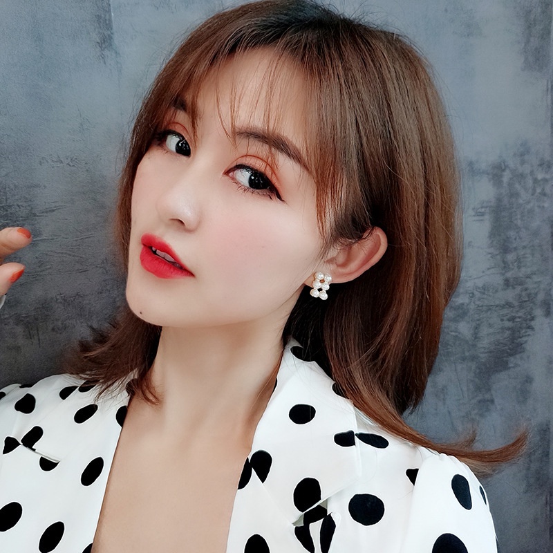 Anting Jarum Perak Hias Mutiara Baris Ganda Anti Alergi Gaya Korea