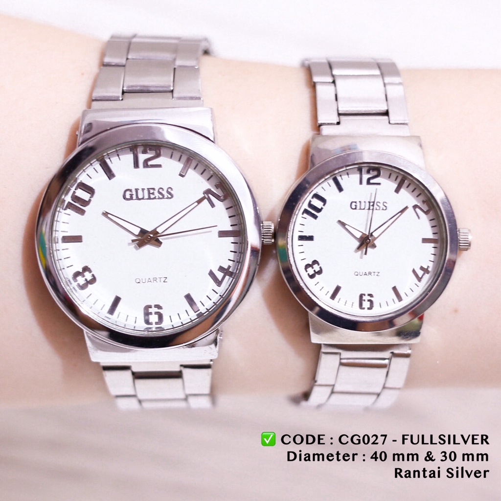 Jam tangan couple rantai stainless silver guess free baterai cadangan harga sepasang cg027