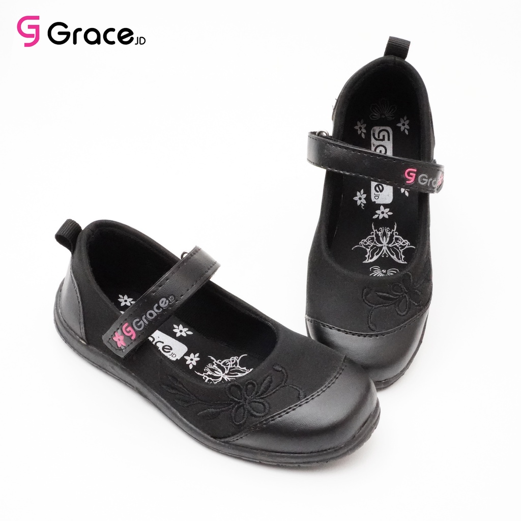 GRACE [HNB 01] 26-35/ Sepatu Sekolah Anak Cewek Perempuan Hitam/ Sepatu Flat Tali Perekat Bunga