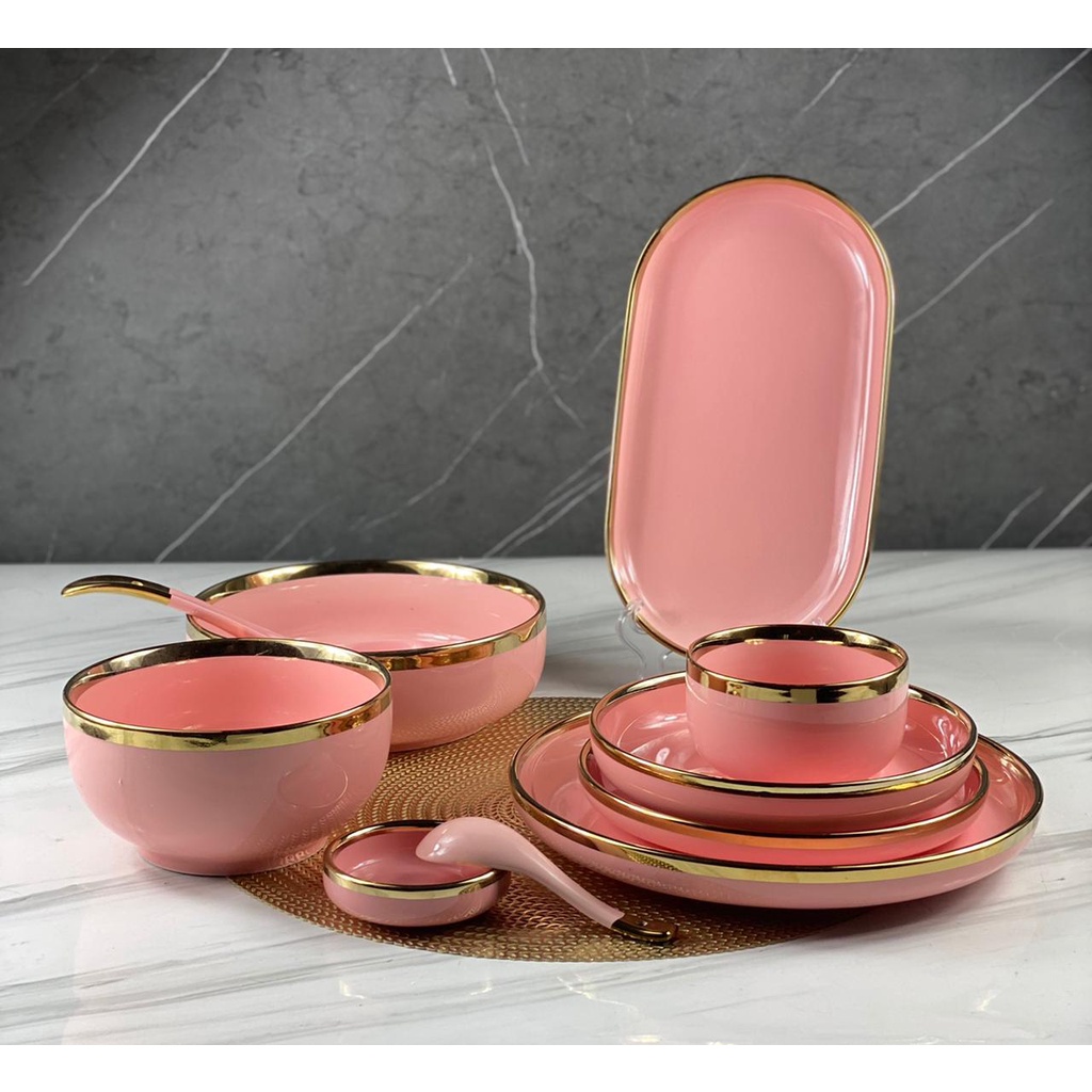 ASHOME Piring Set Lengkap Warna Pink Gold isi 9 Pcs /  Piring Set Keramik List Emas / Piring Set Mew