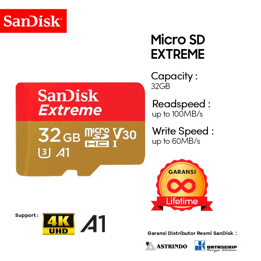 Memory Card | Micro SD 32GB SanDisk Extreme up to 100Mbps U3 A1 V30 - Garansi Resmi Lifetime