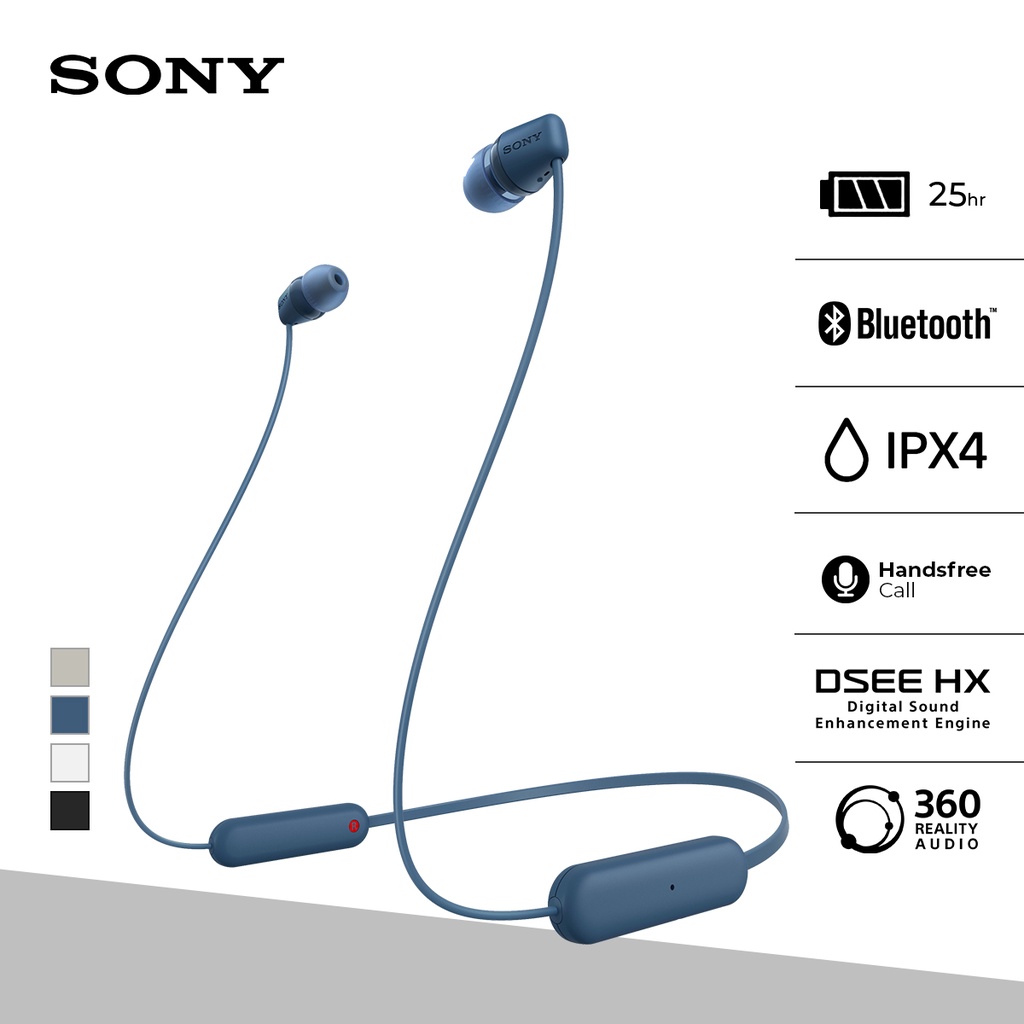 SONY WI-C100 In Ear Wireless Bluetooth Headset With Microphone For Android &amp; IOS - Blue [Battery Up to 25h] Earphone Headphone Handsfree