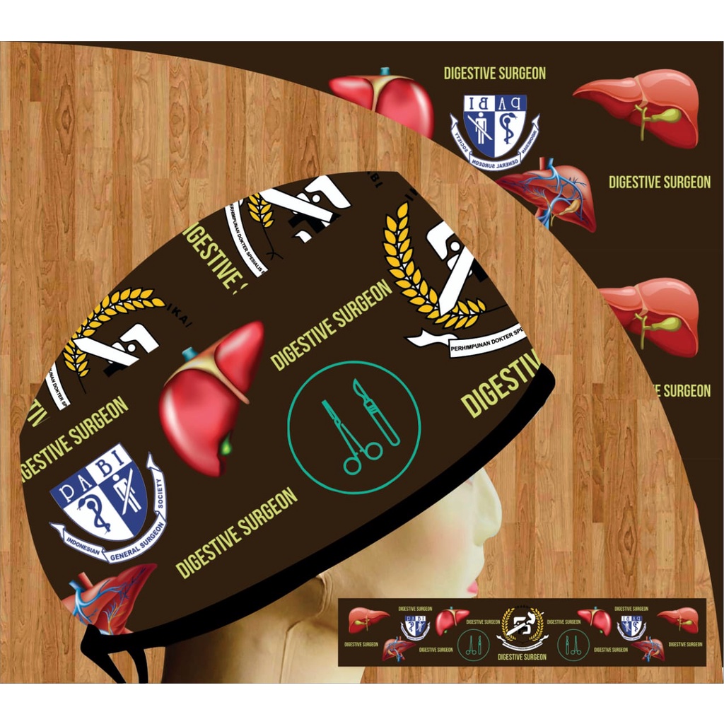 Head Cap /Topi Medis / Scrub Hat / Surgical Cap / Topi Dokter Custom Printing Motif Digestive Surgeo