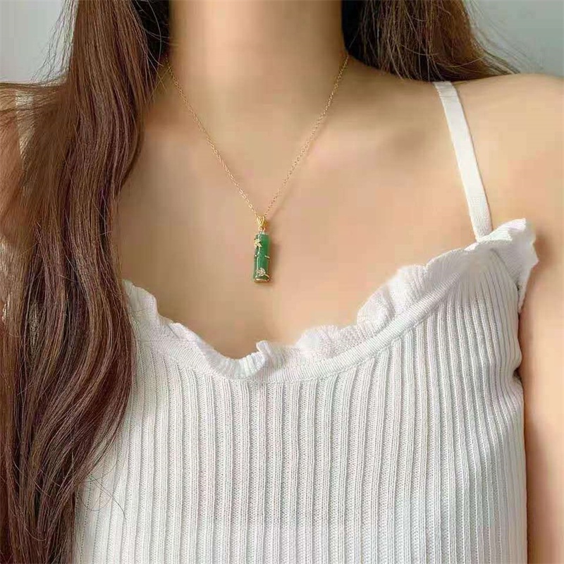 Kalung Liontin Bambu Giok Hetian Alami Lapis Emas 18K Untuk Wanita