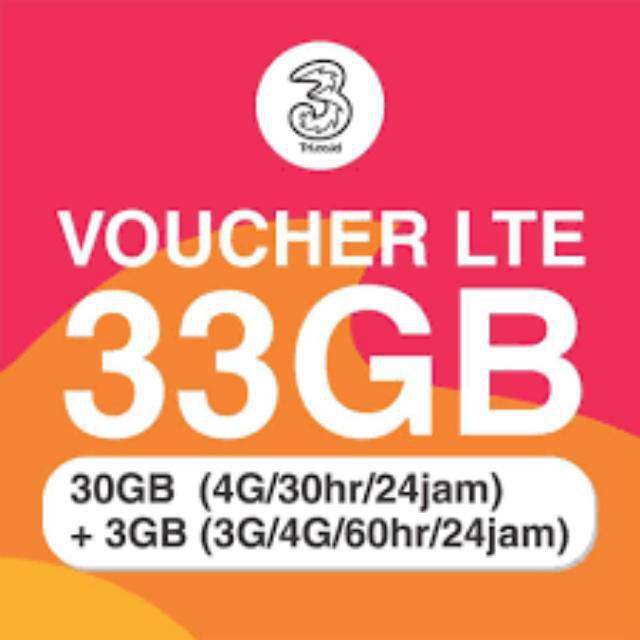 Voucher Kuota tri 33GB ( 3GB+30GB 4G ) Termurah