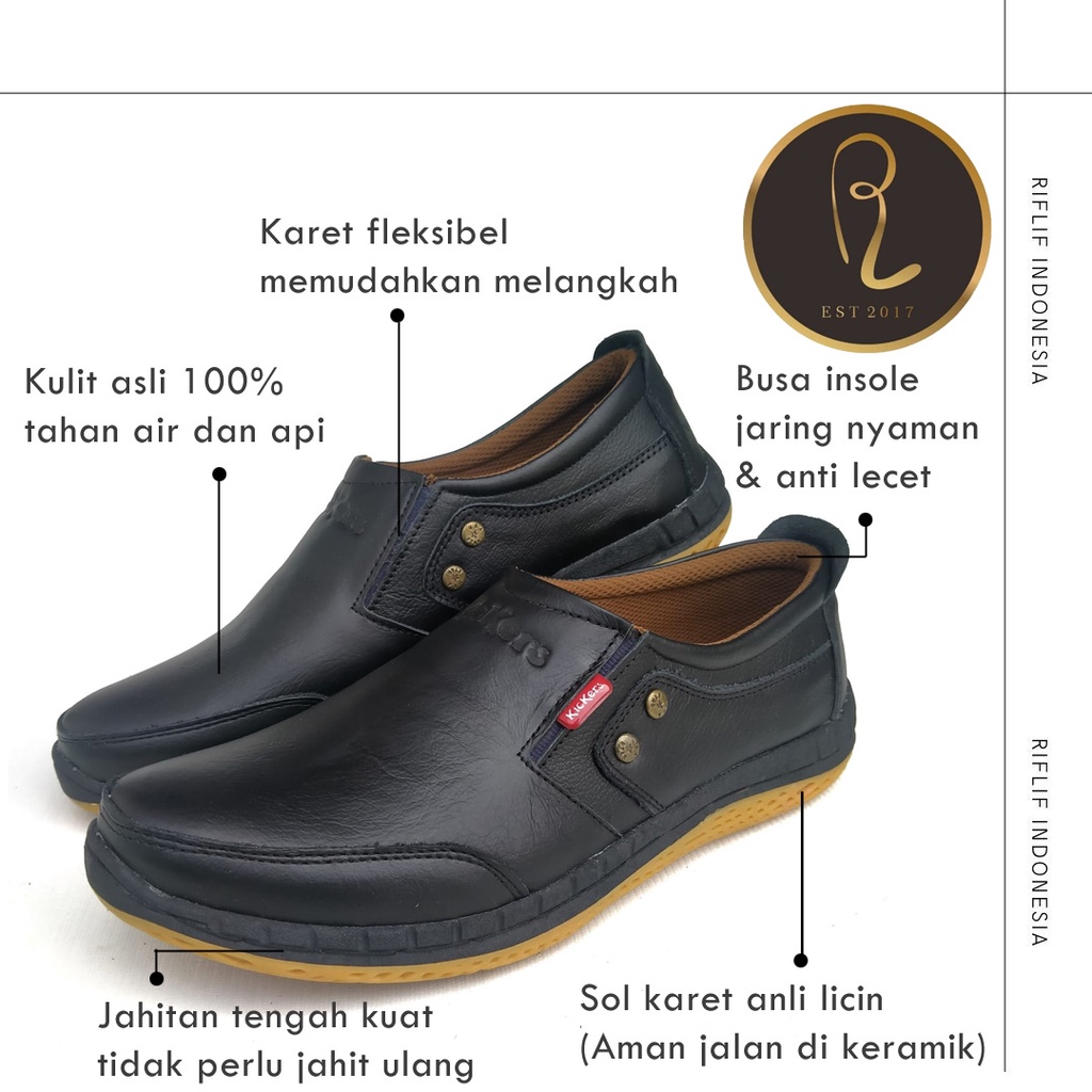 Sepatu Kickers / Sepatu Slip On Selop Kulit Pria Cowok Bahan Kulit Asli 100% Sol Karet Murah Elegan Keren dan Gaya / Sepatu Casual Laki-laki untuk Jalan-jalan Santai Traveling dan Kerja Lapangan