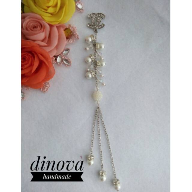 Bros dagu kristal panjang combi mutiara.bros dagu cantik by dinova store/bros jilbab/bros hijab