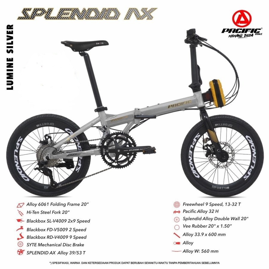 Sepeda Lipat PACIFIC SPLENDID AX 20 Inch 2x9 Speed Alloy 6061 Folding Garansi SNI-3