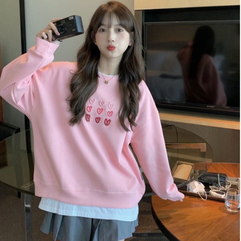 Sweater LOVE HEART (SABLON) BIG SIZE (S - 6XL) Jaket Wanita Oversize Korean Fashion Cute Loose Long Sleeve Jumbo 5XL 4XL 3XL 2XL XL L M Harajuku Sweatshirt Pink Tosca Soft