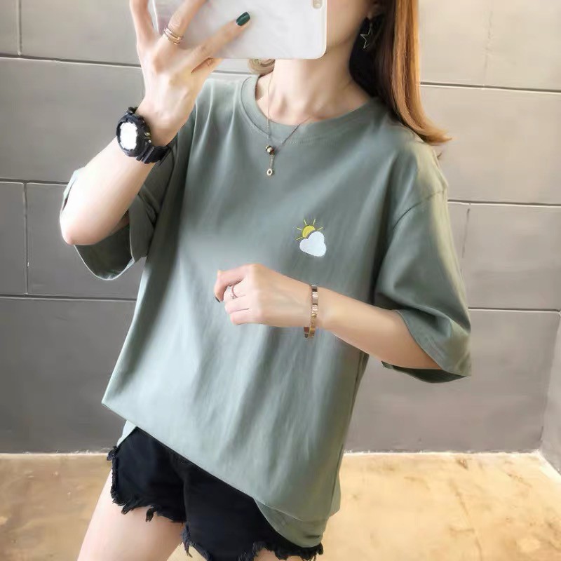 Oversize Tee Tshirt Model Longgar Untuk Wanita Motif Awan Baru Bordir
