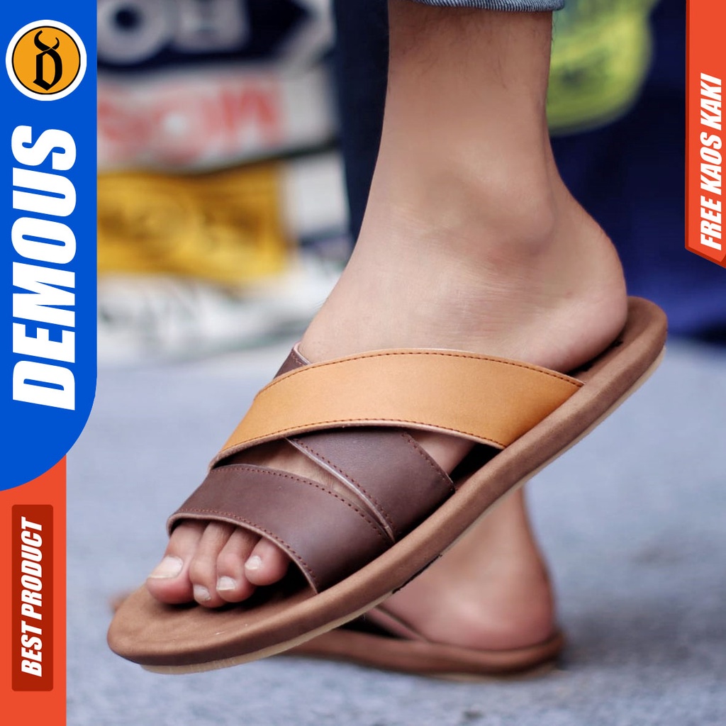 DEMOUS POLETZ Sandal Slop Pria Kulit Asli Sendal Terbaru Kekinian Murah