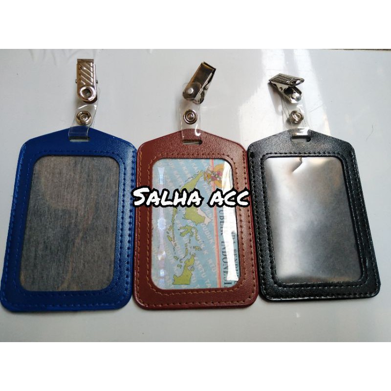 

Id card holder name tag kulit hitam, biru, dan coklat+jepitan buaya