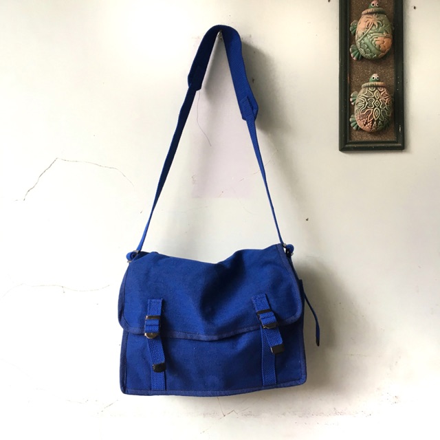 tas kanvas slempang selempang jadul kuno vintage lawas tentara kulit stb postman bag biru