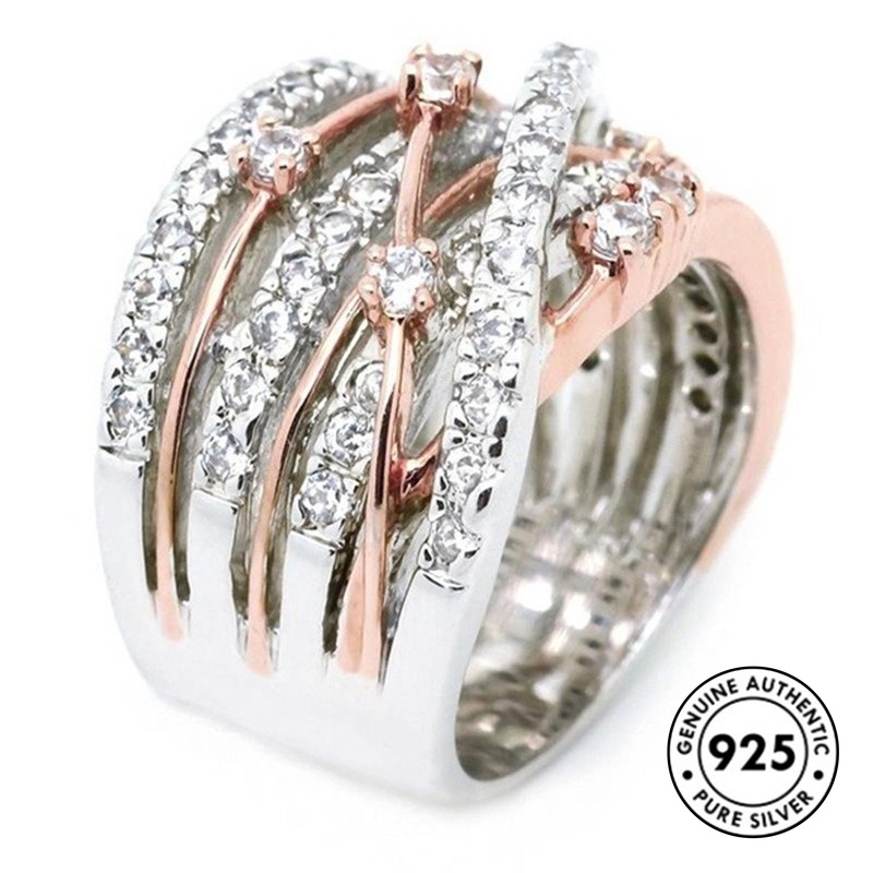 Cincin Sterling Silver 925 Model Silang Dengan Pemisah Warna Untuk Wanita