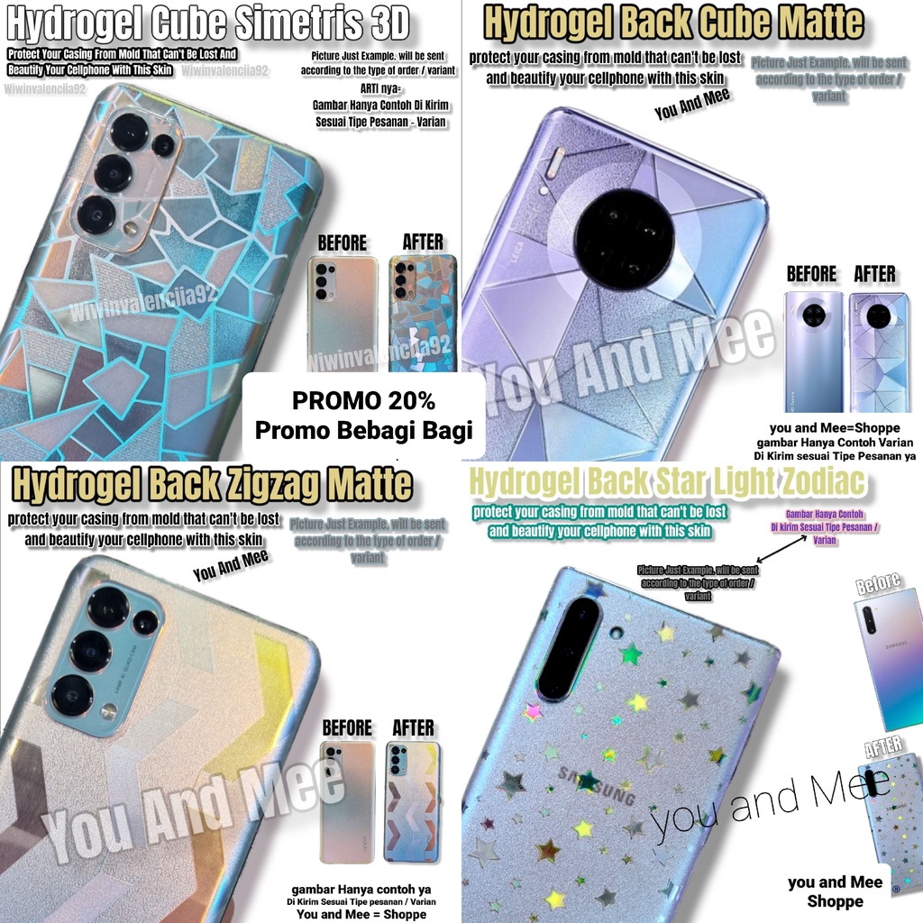 Hydro Skin 3D Back Anti Glare Simetris SAMSUNG A14 A12 A13-4G A13-5G A23 A22 A22-5G A32-4G A32-5G A52 A52s A72 Garskin Belakang Hydrogel Jely Bening/Antigores-Gores Casing-Case Bagian/Caracter STAR Motif/5D Anti Minyak OIL/ZIGZAG-Zig Custom PLUS MAX G S