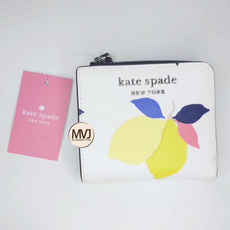 Kate Spade Small L-Zip Bifold Wallet Cameron Lemon Zest - Whitemulti