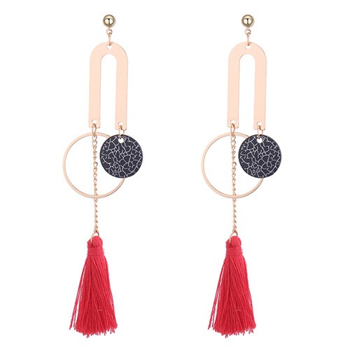 LRC Anting Tusuk Personality Round Shape Decorated Long Tassel Earrings