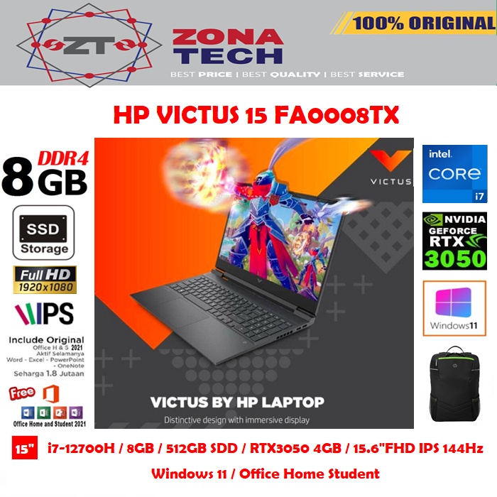 HP VICTUS GAMING 15 FA0008TX - i7-12700H - 8GB - 512GB SSD - NVIDIA RTX3050 4GB - 15.6&quot;FHD IPS 144Hz - 15.6&quot;FHD IPS 144Hz - WIN11 - OHS