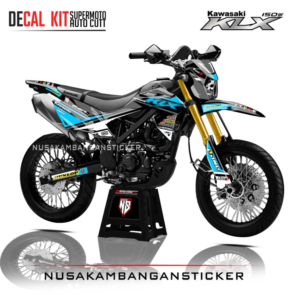 Decal Stiker Supermoto Motor Kawasaki KLX 150 BF Full Body Biru Toska Corak Racing Team Sticker Kit 