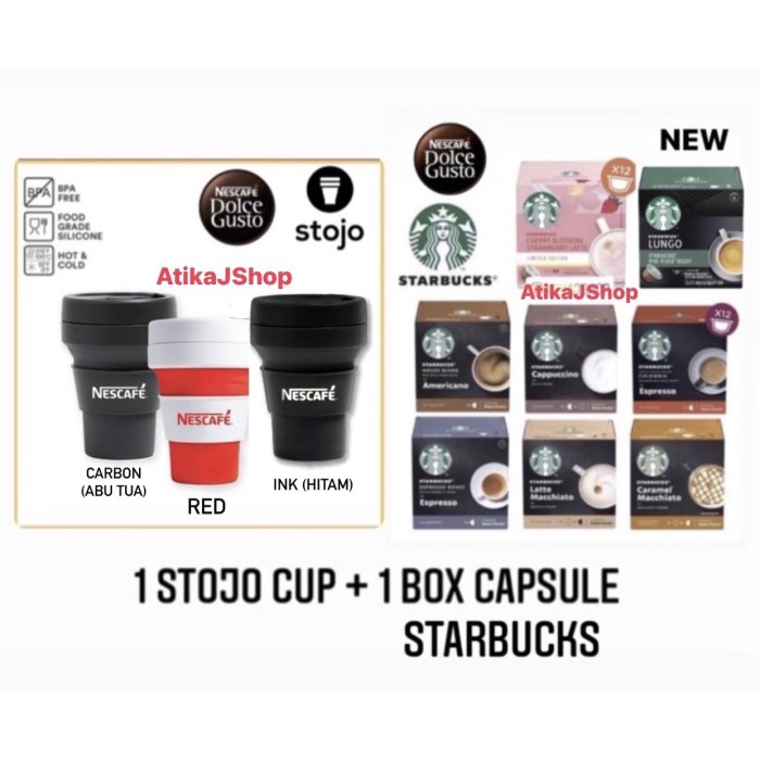 

Kopi - Paket Promo 1 Box Capsule Nescafe Dolce Gusto + 1 Stojo Original - Carbon, Sbuck Caramel