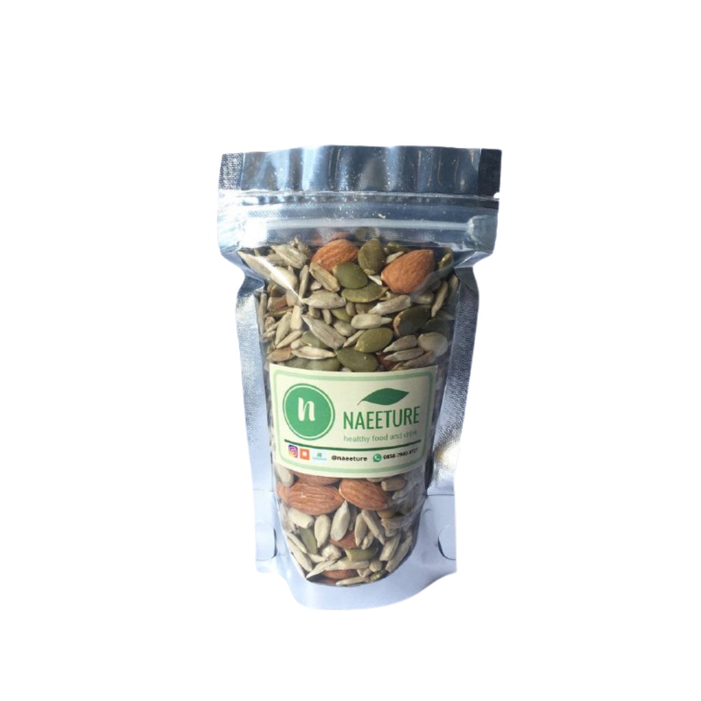 

Mix Seed 100 gram. Mix antara almond panggang, biji bunga matahari panggang, biji labu panggang