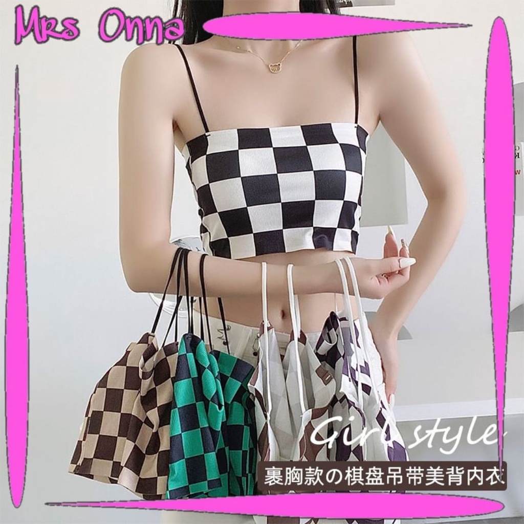ONNA Tank Top Dalaman Wanita Atasan Crop Top Rajut Korea Motif Kotak Catur Checker Plaid hoho BRA29