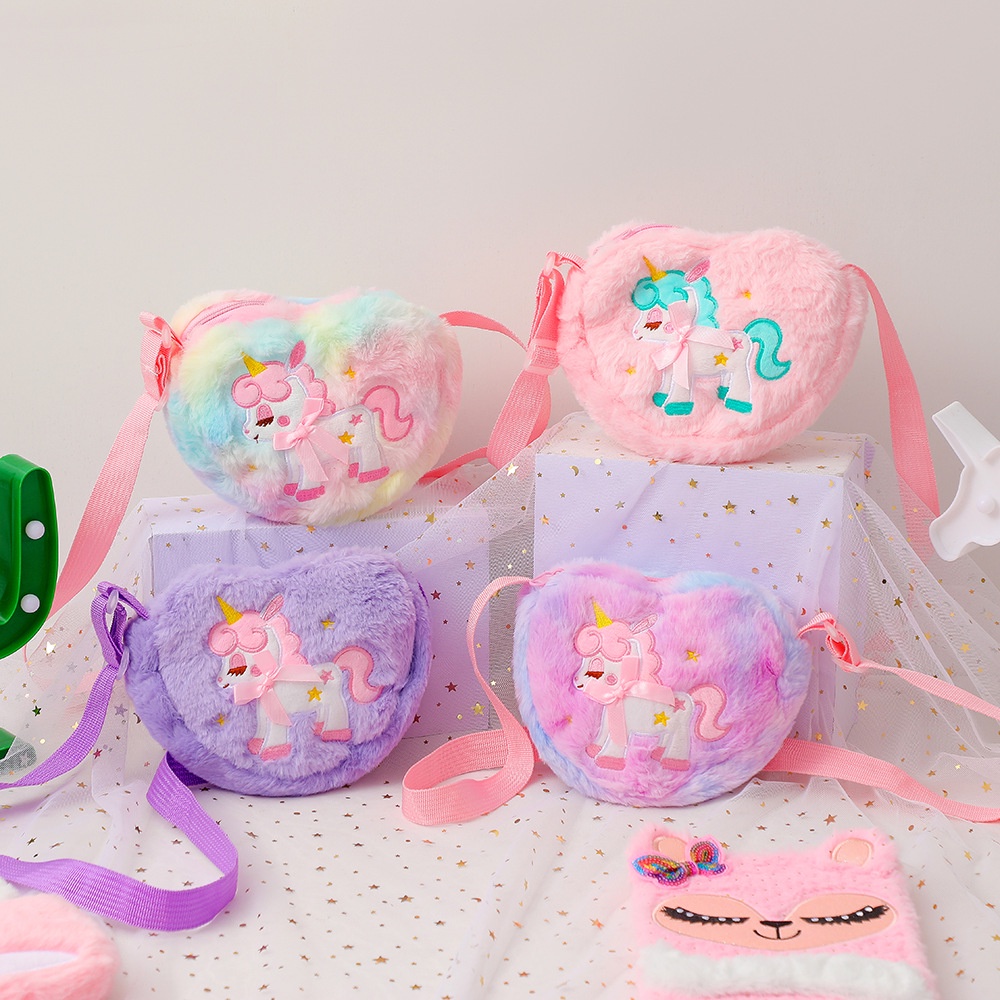 Tas Selempang Unicorn Bulu Sling Bag Motif HATI tas jalan jalan anak lucu, berkualitas dan menggemaskan untuk kado ultah