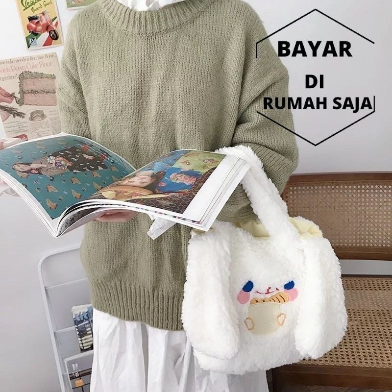 Shoulder Tote Bag Motif Boneka Kelinci Piyopiyo Tas Selempang Bahu Bahan Bulu Bludru Plush Fluffy Fur Sling Bag Rabbit Tas Wanita