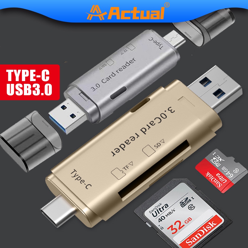 Actual 4 in 1 Card Reader High-Speed Smart 3.0 Metal Type C / Micro USB / SD Card / TF Memory Card Read OTG Adapter