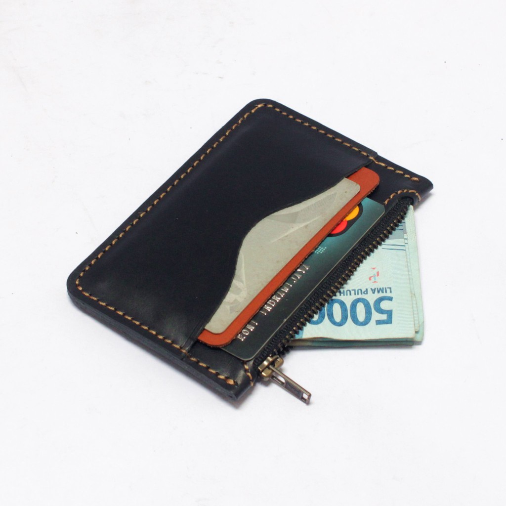 dompet kartu zipper resleting kulit asli hitam tan - PHWL690