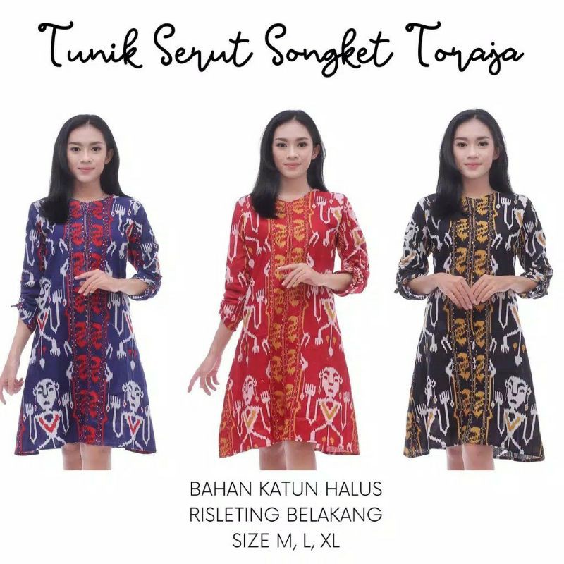 Dress Serut Motif Songket Toraja Katun Batik Kantoran Wanita Formal Kondangan Midi Mini Kerja