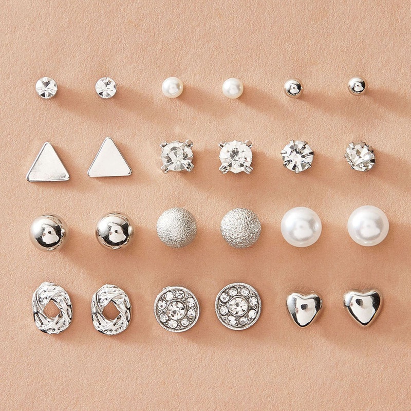 12 Pasang / Set Anting Stud Kristal Bentuk Hati Bunga Aksen Mutiara Untuk Wanita