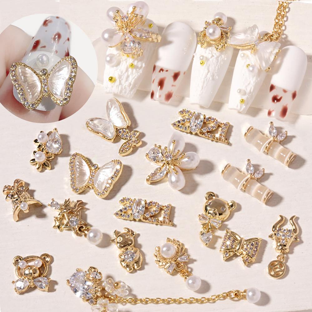 Needway   Kuku Seni Dekorasi Pesona DIY Beruang Liontin Tahun Baru Berlian Shiny Pearl Bow Nail Chains Jewelry