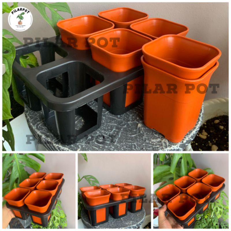 1 set Tray + pot bunga nkt kotak 8 cm MERAH BATA | tray semai bibit