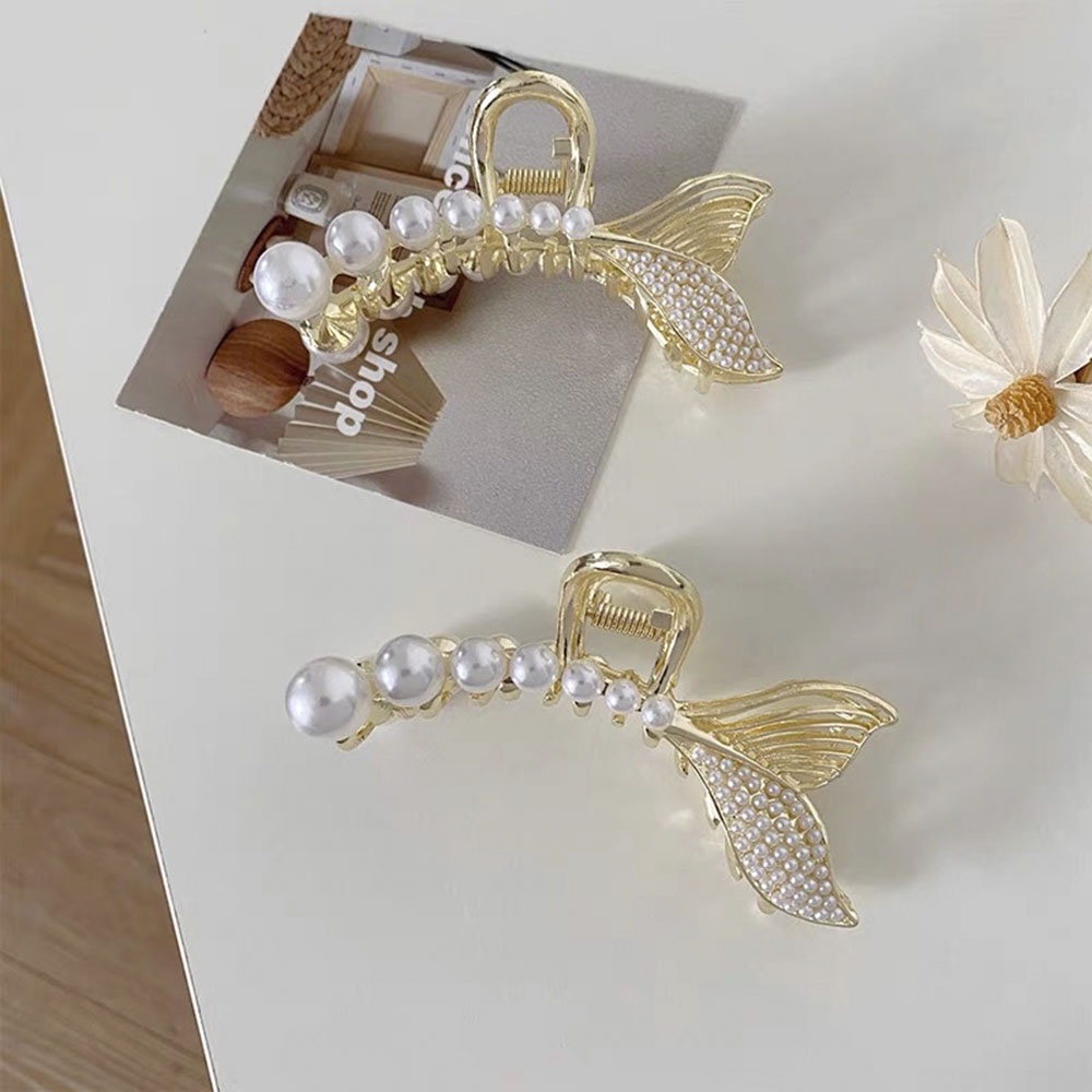 【COD Tangding】Alloy Fish Tail Pearl Hair Grab Korea Ins Temperament Back of The Head Grab Clip Large Shark Clip Headdress