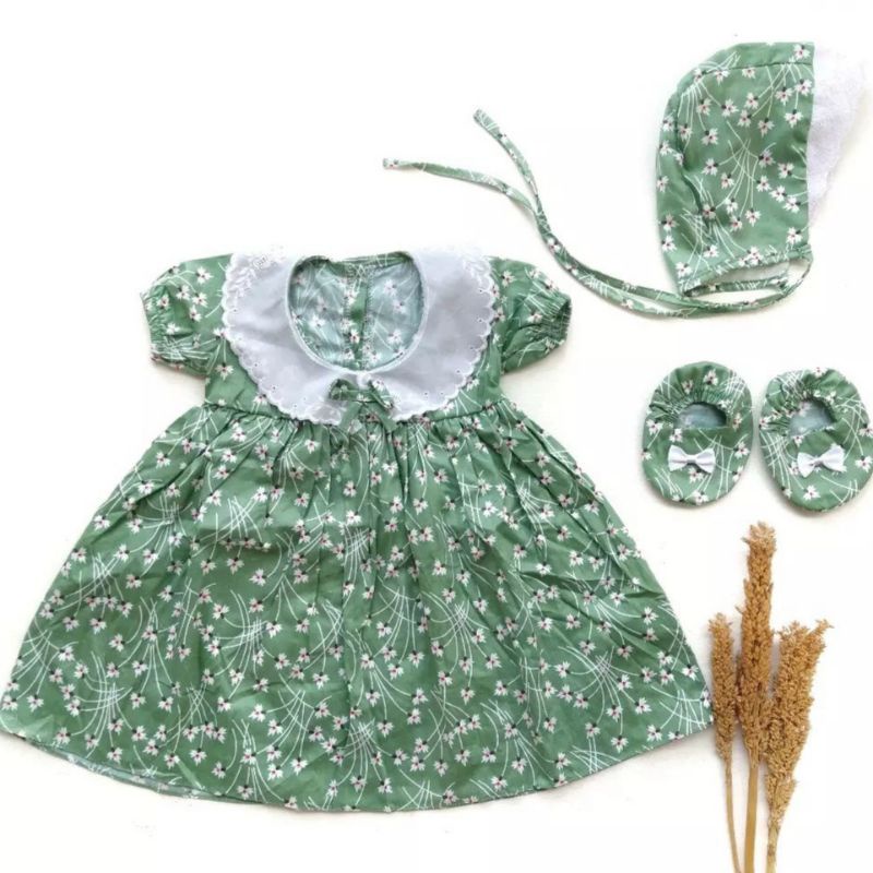 Dress bayi 0 6 12 bulan set sepatu bandana / bonnet Setelan Baju bayi Perempuan 100% Katun SNI Pakaian anak Cewek-0-6bln bonnet hijau