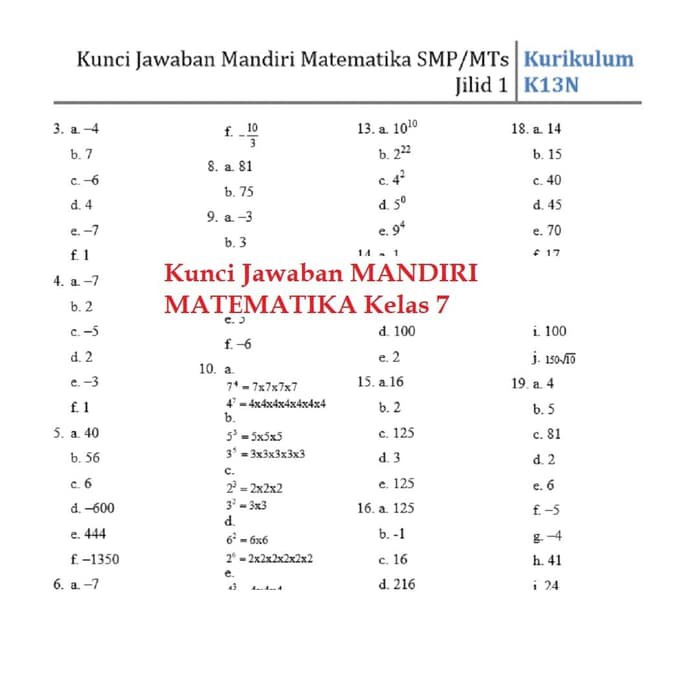 Jual Nn Buku Mandiri Matematika Smp Kelas 7 K13 Soal Jawaban Kurtilas Indonesia Shopee Indonesia