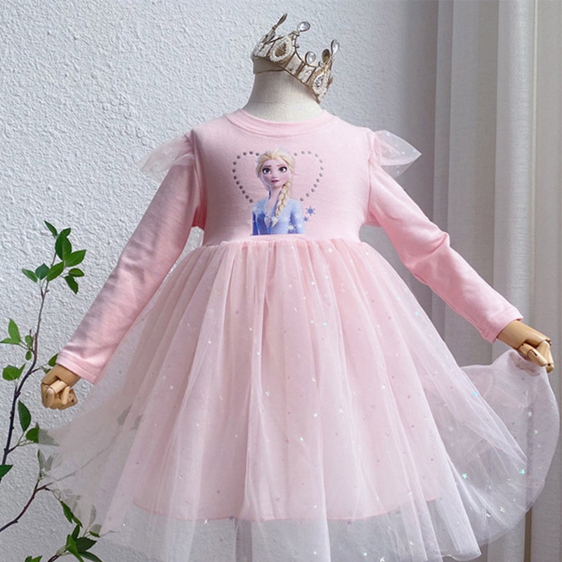 Anak Perempuan Frozen Elsa Dicetak Tulle Princess Dress Anak Lengan Panjang Elsa Gaun Pesta