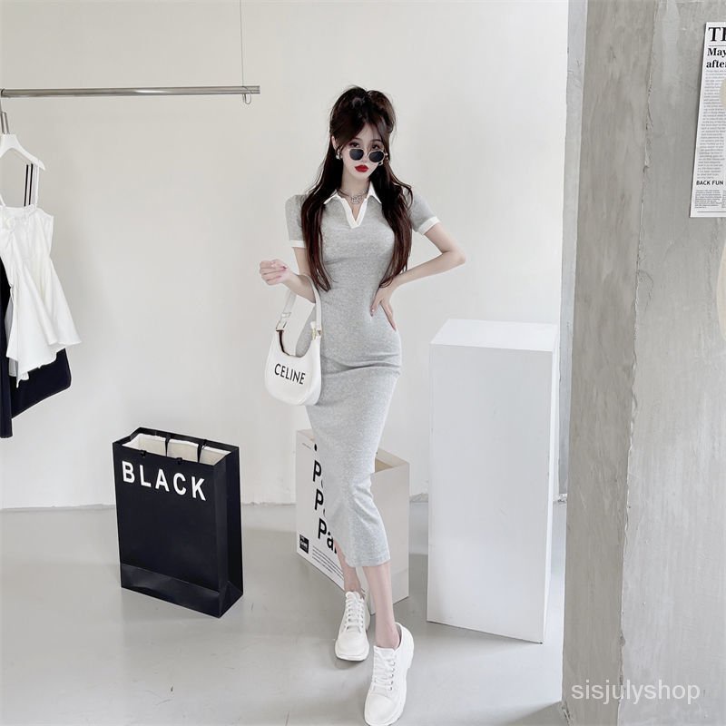 #Sisjuly# Gaun Kerah Polo Wanita Rok Panjang Ramping Ramping Baru Wanita