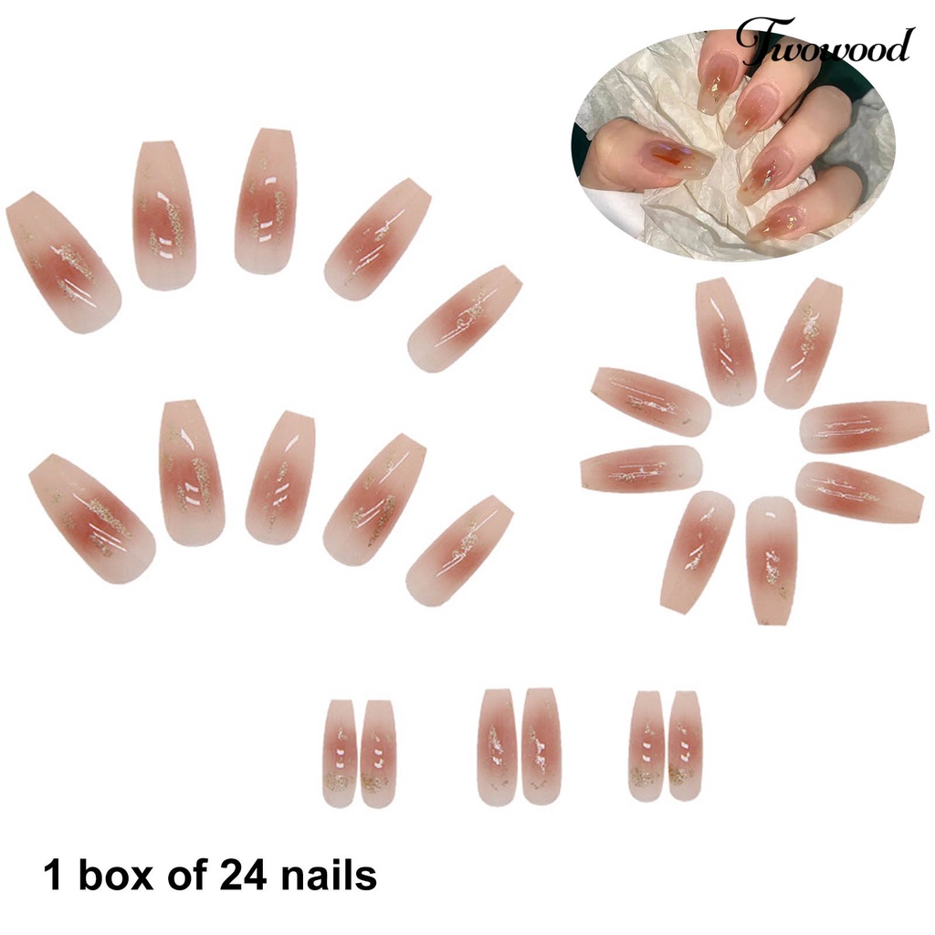 Twowood 24Pcs / Box Kuku Palsu Warna Caramel Gradasi Bahan ABS Untuk Nail Art