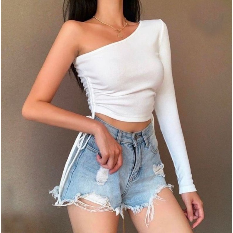 MDLV TOP DWEN RAJUT TOP ONE SHOULDER CROP SERUT RAJUT ATASAN CROP SEXY KOREA TERBARU FASHION WANITA