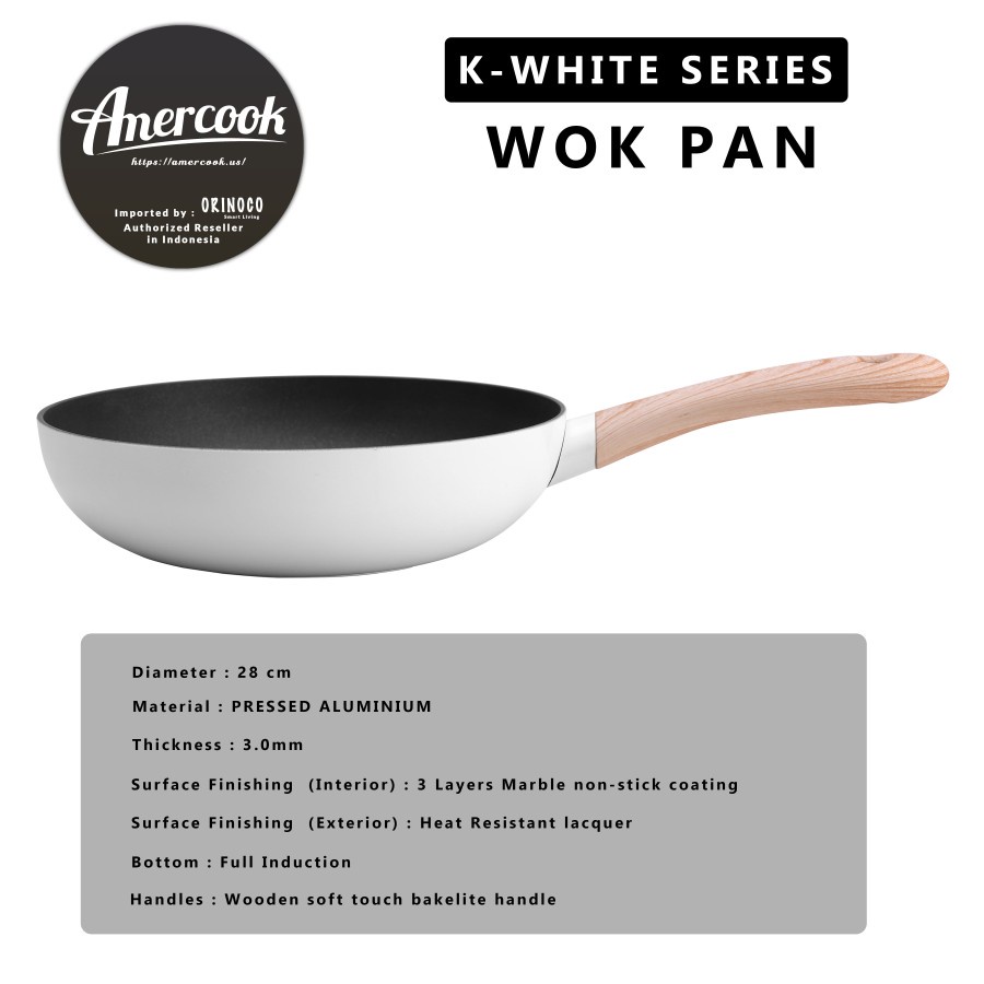 Wajan Wok Pan Putih Amercook White Series 28CM Pegangan Kayu Anti Lengket