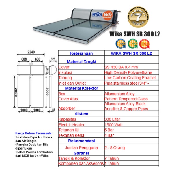 WIKA Solar Water Heater - SR 300 l2 /Pemanas Air Tenaga Matahari WIKA