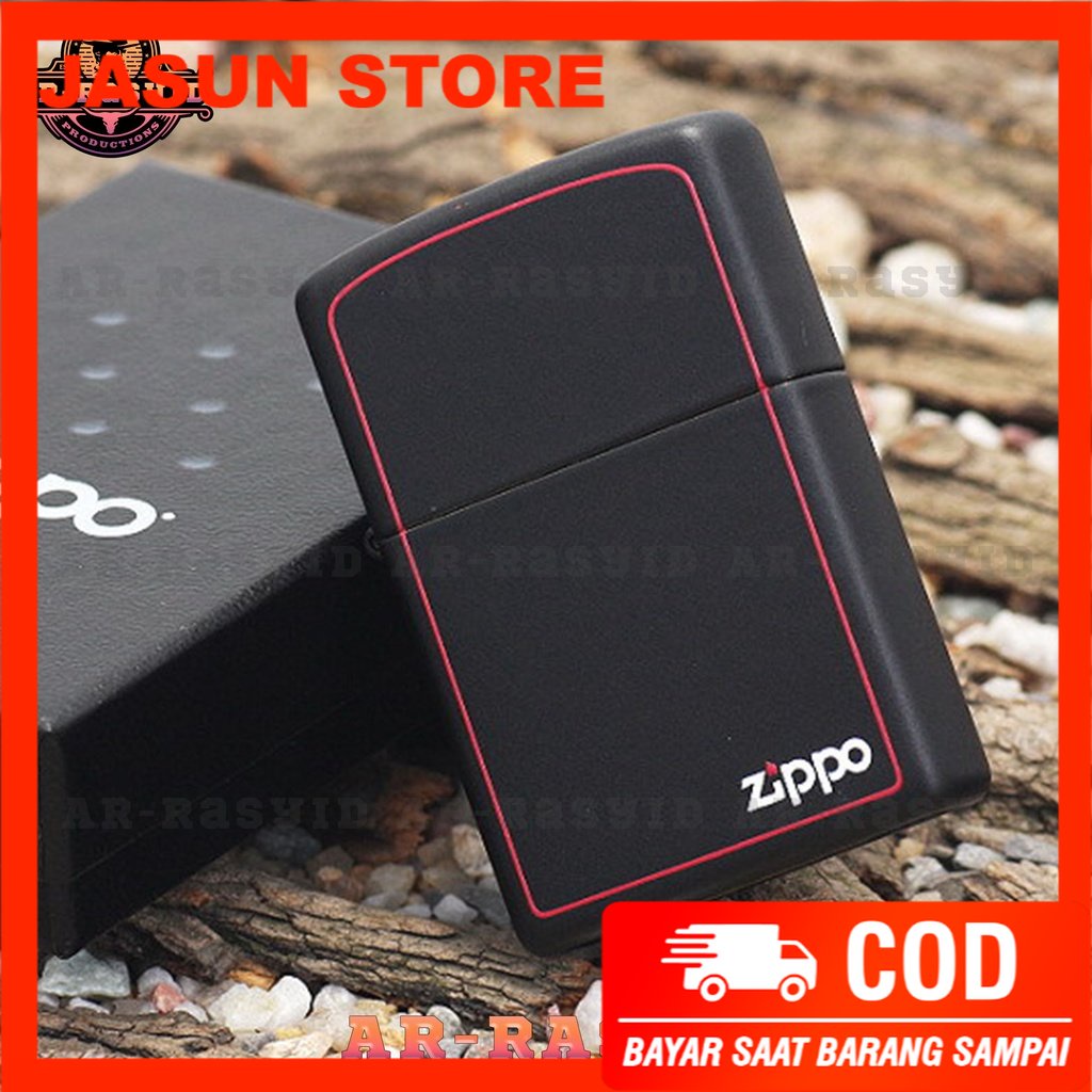 BISA COD! Korek Api Minyak Zippo Matte Black Paint Red Hitam List Merah 218 ZB