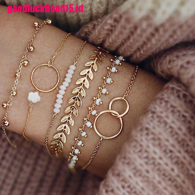 {LUCKID}6Pcs/set Boho Bracelet Set Women Tassels Leaves Circular Chains Bangle Jewelry