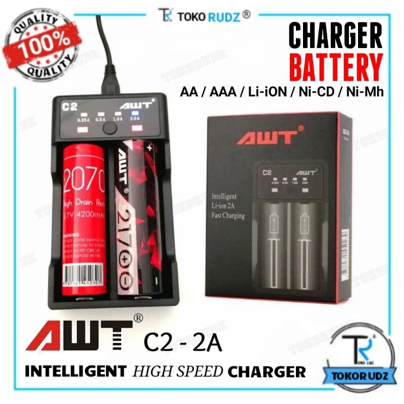 AWT C2 Fast Charger Baterai AA A2 AAA A3 Batre 18650 26650 Li-ion NiMh NiCd Fast Charging 2A Original Authentic AWT